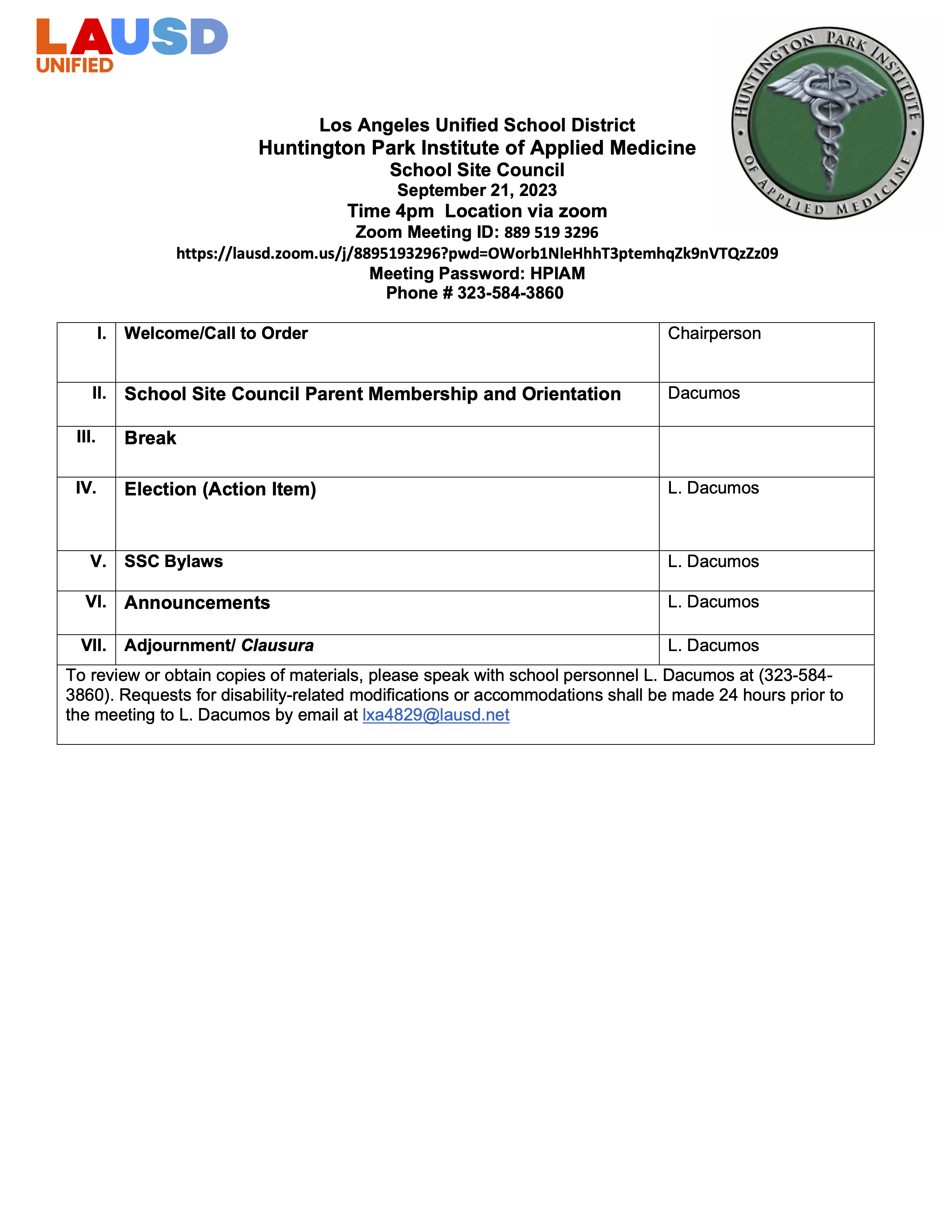 HPIAM School Site Council Meeting Agenda