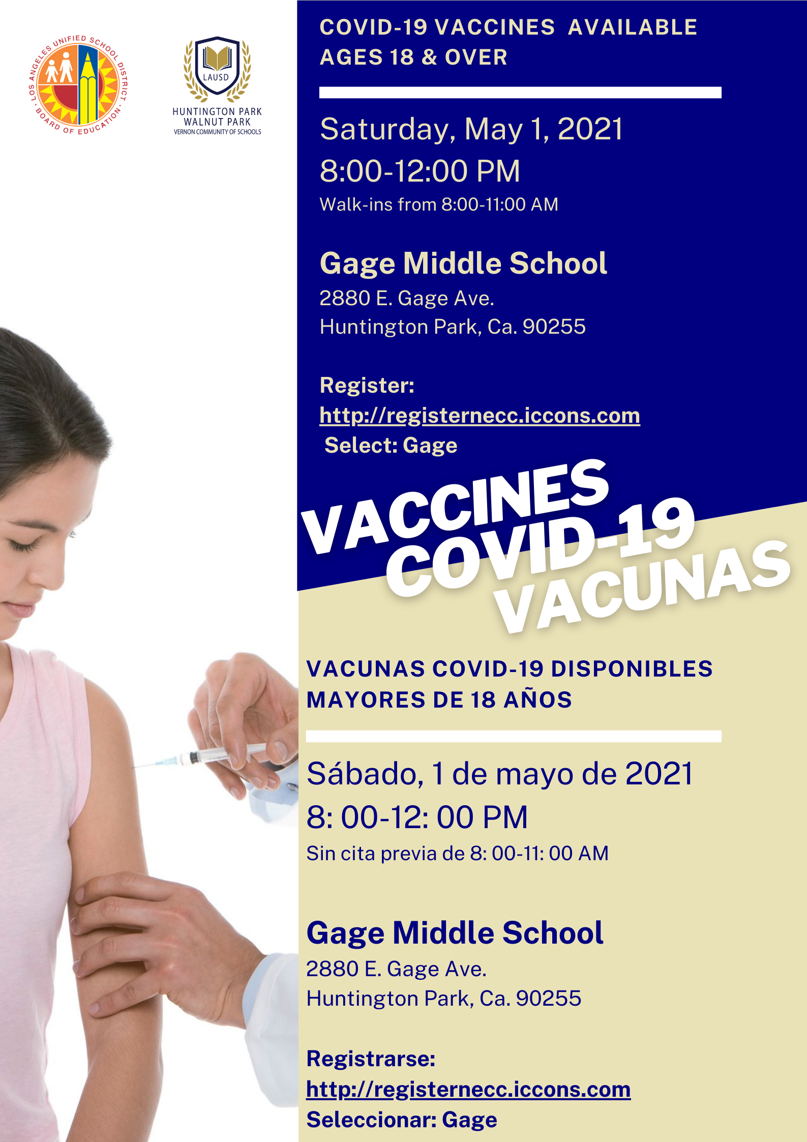 Covid 19 Vaccines at Gage Middle School May 1, 2021 from 8 am to 12 pm. 18 and older