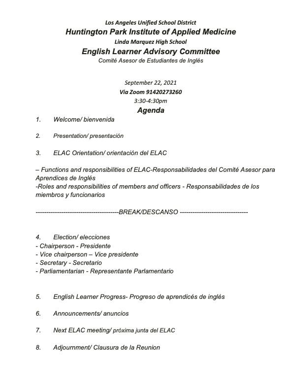 ELAC Agenda 2021 09 22