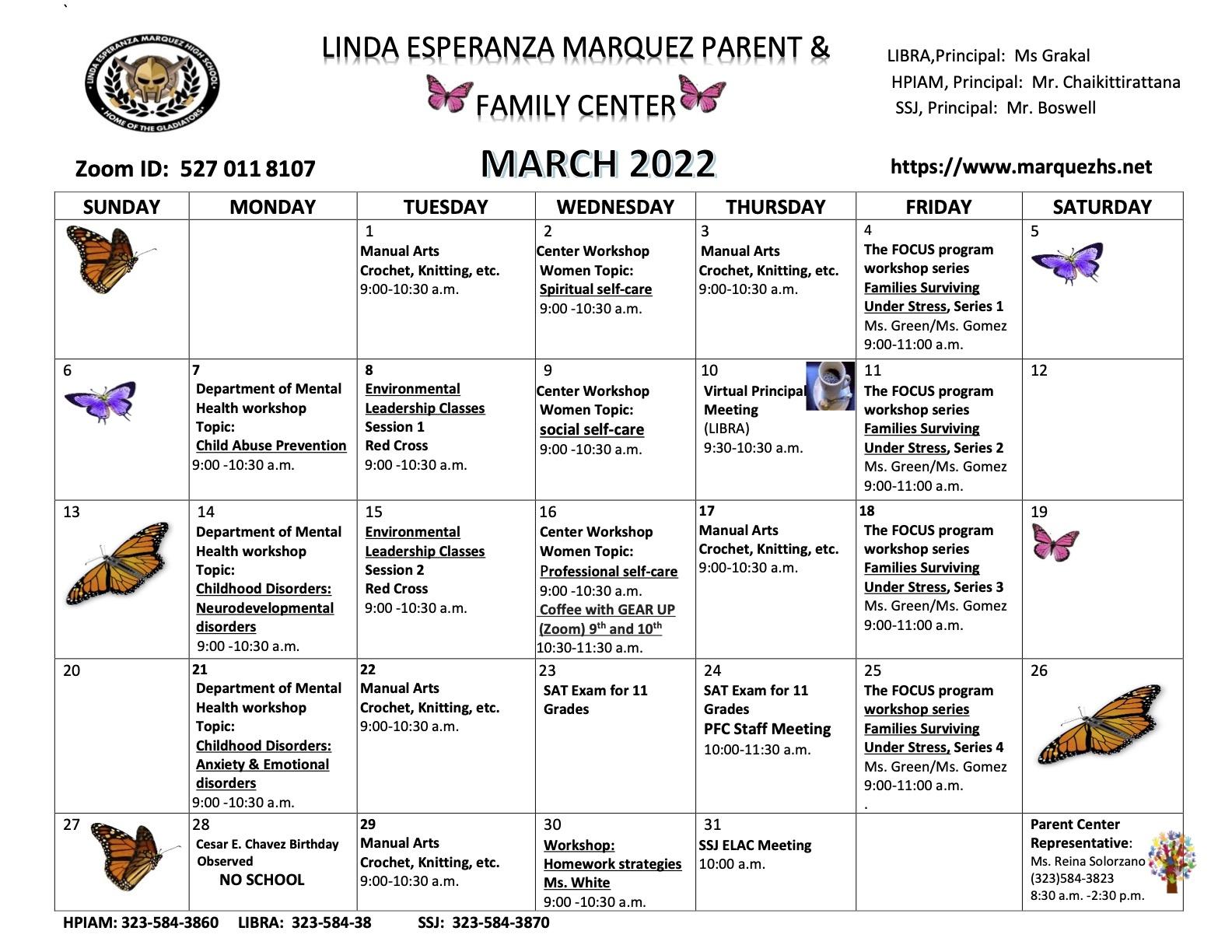 Marquez HS Family Center March 2022 Calendar