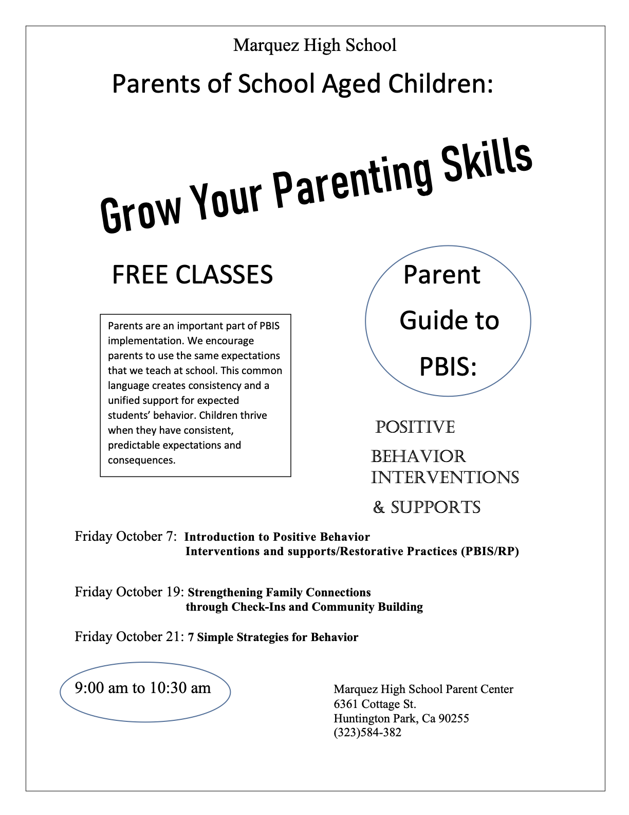 Parent Center Free Classes Flyer