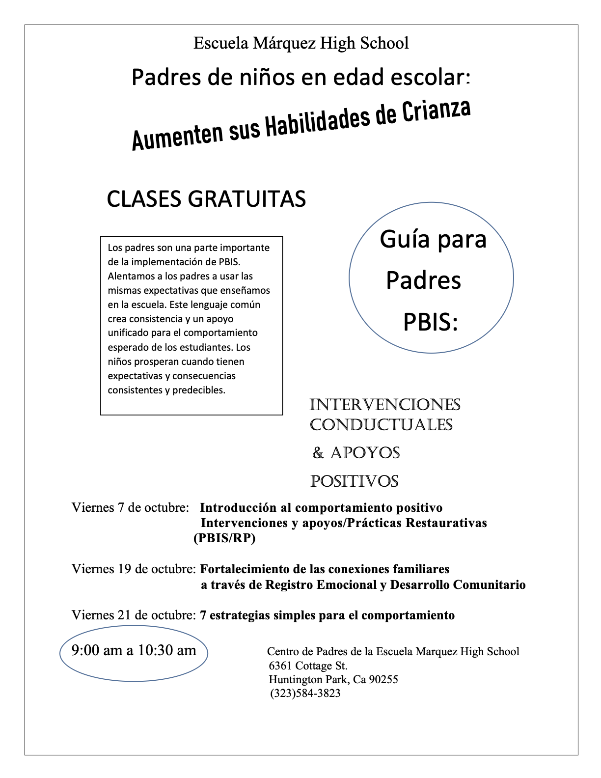 Parent Center Classes Flyer in Spanish